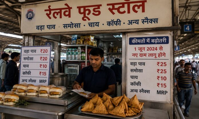 मुंबई रेलवे स्टेशन पर वड़ा पाव और समोसा बेचता फूड स्टॉल