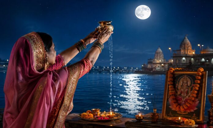 अधिकमास पूर्णिमा पर चंद्र देव को अर्घ्य देते श्रद्धालु