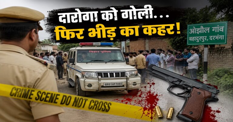दरभंगा में दारोगा को गोली मारने के बाद गांव में तैनात पुलिस बल।