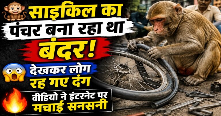 साइकिल के पहिये से ट्यूब निकालने की कोशिश करता बंदर