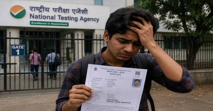 अबूधाबी परीक्षा केंद्र मिलने के बाद अपना एडमिट कार्ड दिखाता नागपुर का छात्र।