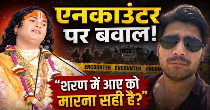 अनिरुद्धाचार्य प्रवचन देते हुए और भरत तिवारी