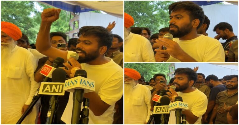 जंतर-मंतर पर धर्मेंद्र प्रधान के इस्तीफे के बाद छात्रों को संबोधित करते अभिजीत दीपके