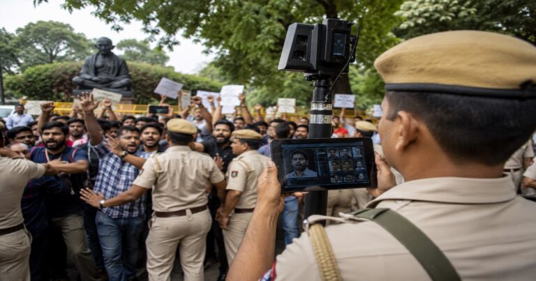 जंतर-मंतर पर फेशियल रिकग्निशन सिस्टम से भीड़ की निगरानी करती पुलिस