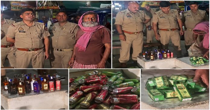 वाराणसी में सिगरा पुलिस द्वारा चाय की दुकान से अवैध शराब बरामद करते हुए